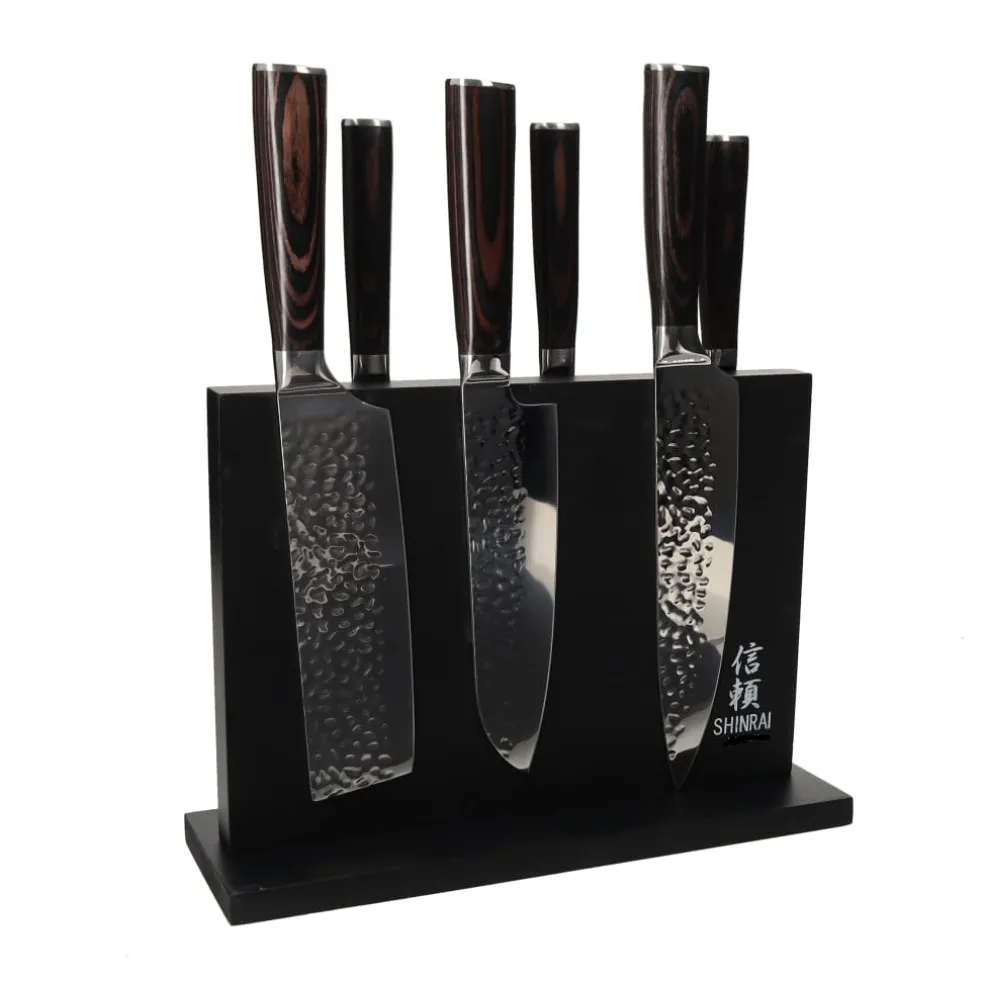 Shinrai Knives - Hammered RVS 6-delige Messenset + Magnetisch Messenblok Dubbelzijdig - Zwart
