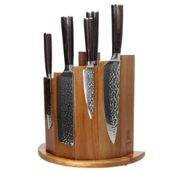 Shinrai Knives - Hammered RVS 6-delige Messenset + Magnetisch Messenblok Scalae - Acacia hout