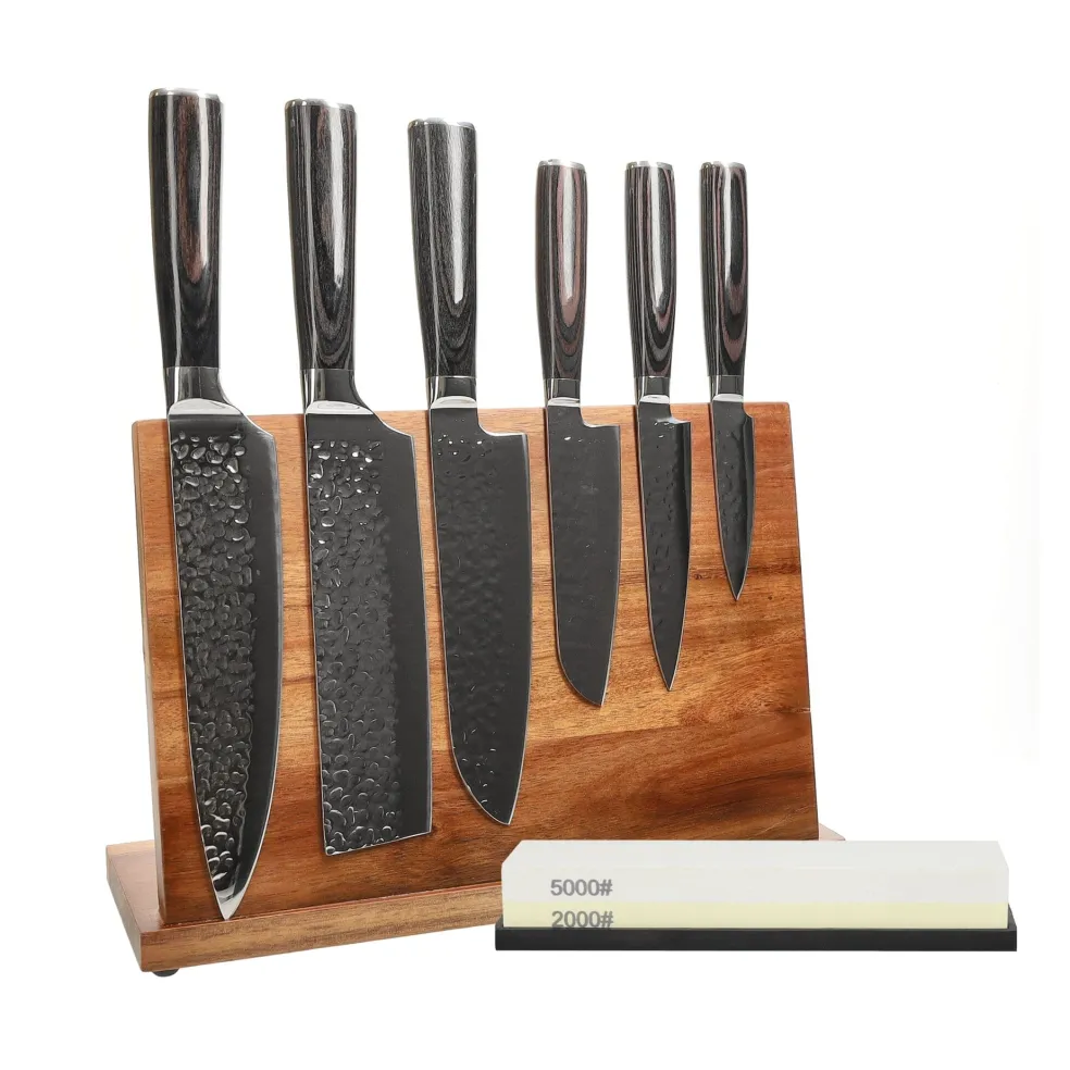 Shinrai Knives - Hammered RVS 6-delige Messenset + Messenblok + Slijpsteen