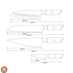 Shinrai Knives - Hikari Damascus 4-delige set - Koksmes + Santoku + Broodmes + Schilmes