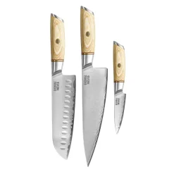 Shinrai Knives - Hikari Damascus 3-delige set - Koksmes + Santoku + Schilmes