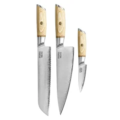 Shinrai Knives - Hikari Damascus 3-delige set - Koksmes + Broodmes + Schilmes