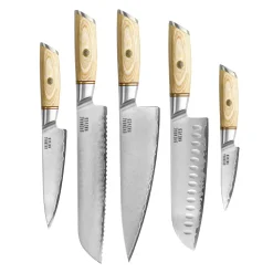 Shinrai Knives - Hikari Damascus 5-delige messenset + Messenblok Stans