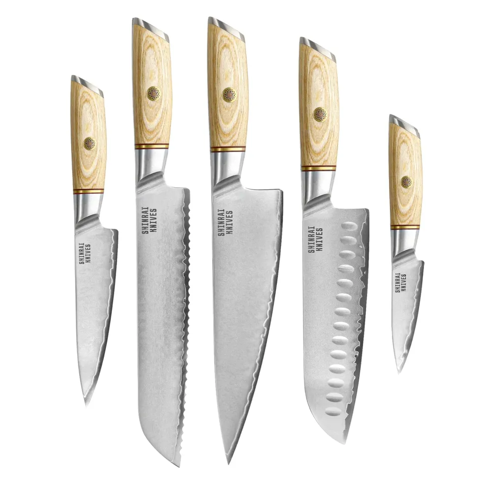Shinrai Knives - Hikari Damascus 5-delige messenset + Messenblok Stans