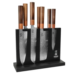 Shinrai Knives - Kigami Exclusive Damascus 7-delige messenset + Messenblok Dubbelzijdig zwart