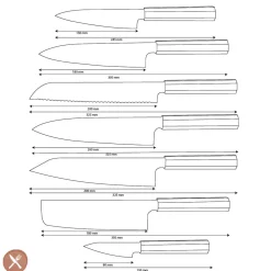 Shinrai Knives - Kigami Exclusive Damascus 7-delige messenset + Messenblok Dubbelzijdig