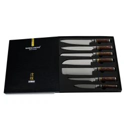 Shinrai Knives - Micarta Jewels 7-delige Damascus Messenset + Magnetisch Messenblok Enkelzijdig