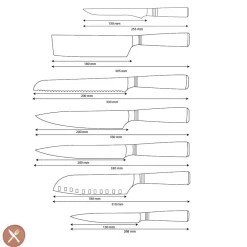 Shinrai Knives - Micarta Jewels 7-delige Damascus Messenset + Magnetisch Messenblok Enkelzijdig