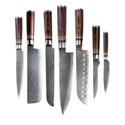 Shinrai Knives - Micarta Jewels 7-delige Damascus Messenset + Magnetisch Messenblok Dubbelzijdig