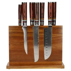 Shinrai Knives - Micarta Jewels 7-delige Damascus Messenset + Magnetisch Messenblok Dubbelzijdig
