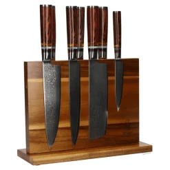 Shinrai Knives - Micarta Jewels 7-delige Damascus Messenset + Magnetisch Messenblok Dubbelzijdig