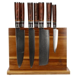 Shinrai Knives - Micarta Jewels 7-delige Damascus Messenset + Magnetisch Messenblok Dubbelzijdig