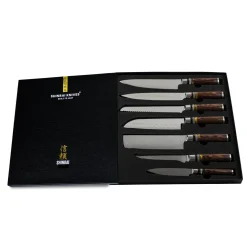 Shinrai Knives - Micarta Jewels 7-delige Damascus Messenset + Magnetisch Messenblok Dubbelzijdig - Zwart