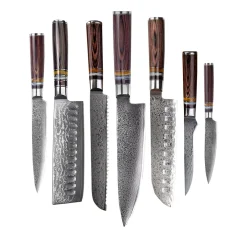 Shinrai Knives - Micarta Jewels 7-delige Damascus Messenset + Magnetisch Messenblok Dubbelzijdig - Zwart