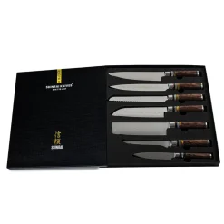 Shinrai Knives - Micarta Jewels 7-delige Damascus Messenset + Magnetisch Messenblok Scalae - Acacia hout