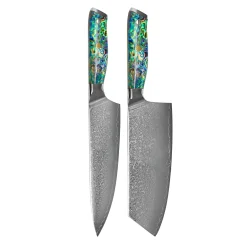 Shinrai Knives - Parelmoer Jewels 2-delige Damascus Messenset - Koksmes + Nakiri