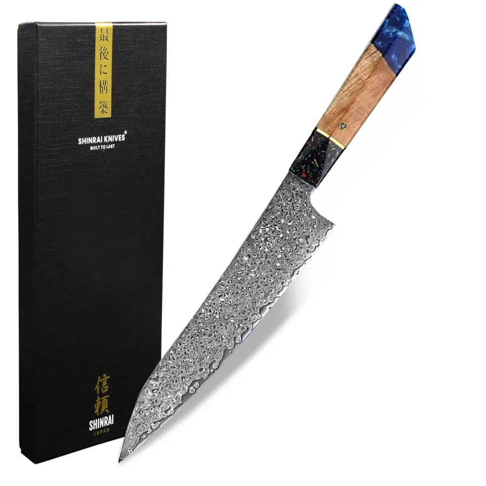 Shinrai Knives - Sapphire Epoxy Jewels Damascus Koksmes 23 cm - Special Edition