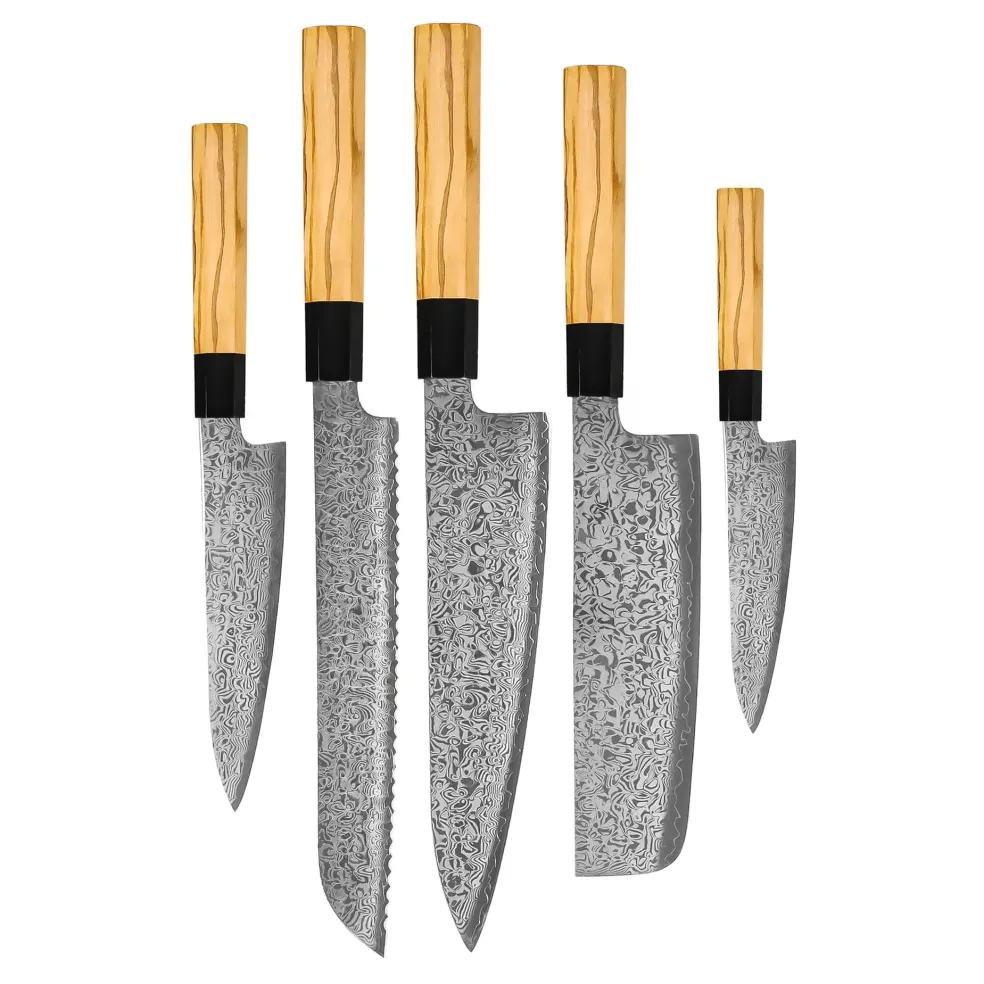 Shinrai Knives - Takumi Kaza 5-delige Damascus Messenset - Koksmes + Broodmes + Nakiri + Officemes + Schilmes